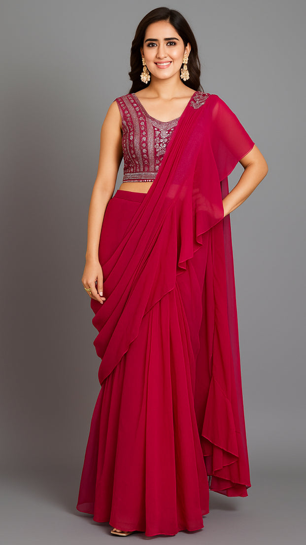 Georgette Ruffle Saree in Wine Pink