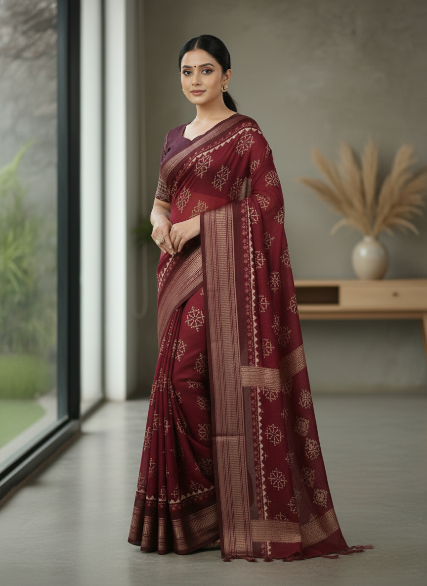 Maroon Floral Printed Chiffon Saree with Border| AS-00103