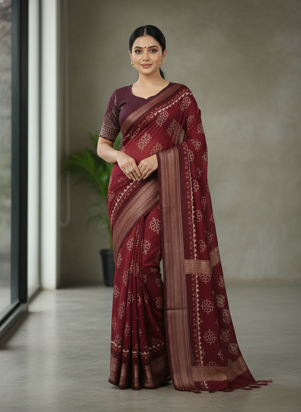 Maroon Floral Printed Chiffon Saree with Border| AS-00103