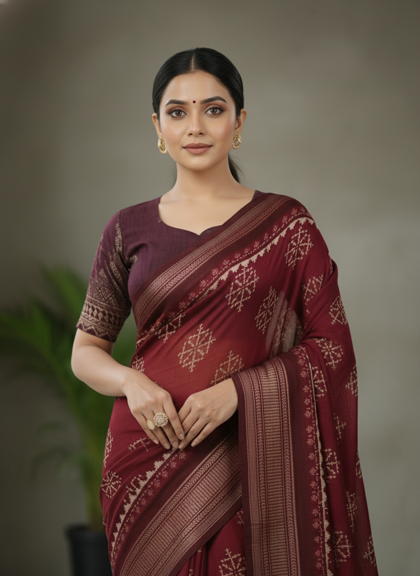 Maroon Floral Printed Chiffon Saree with Border| AS-00103