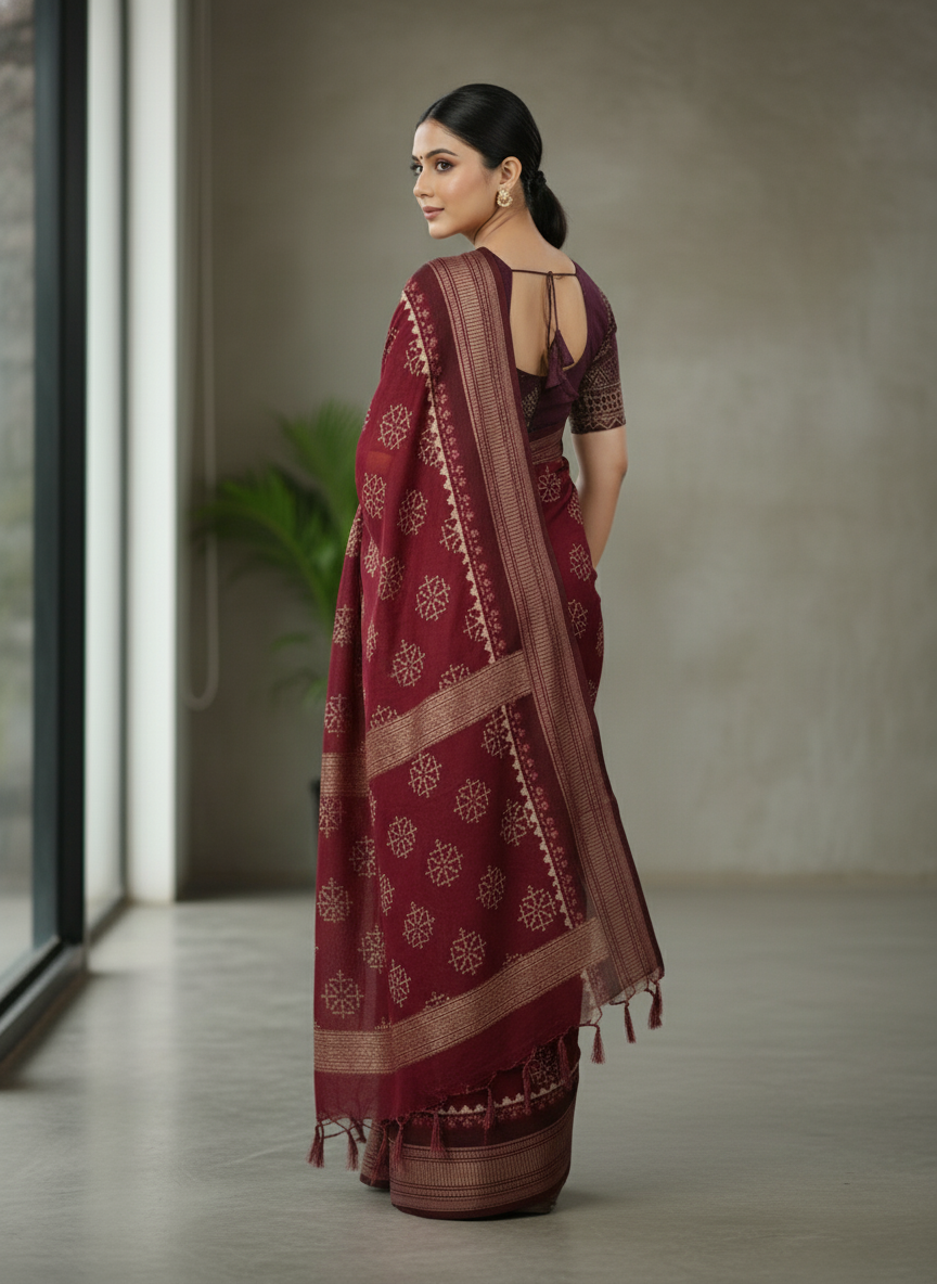 Maroon Floral Printed Chiffon Saree with Border| AS-00103