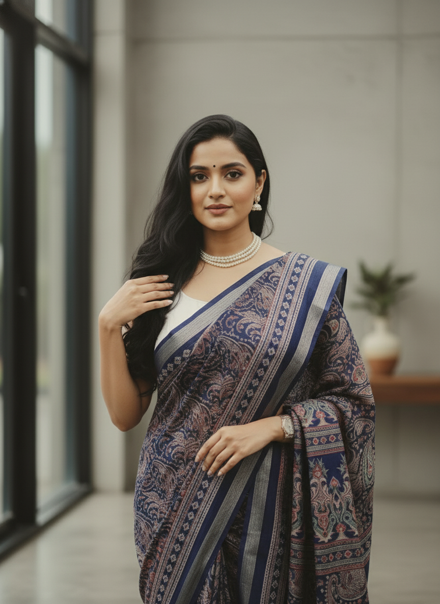 Black Floral Printed Chiffon Saree with Border| AS-00104