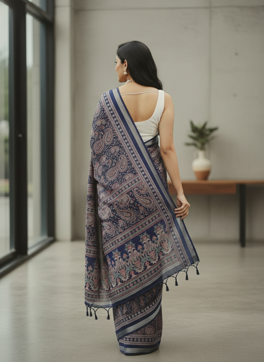 Black Floral Printed Chiffon Saree with Border| AS-00104