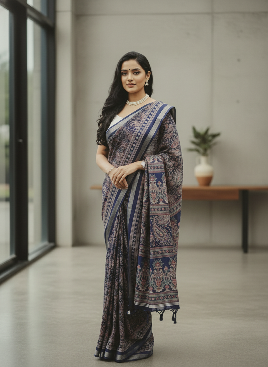 Black Floral Printed Chiffon Saree with Border| AS-00104