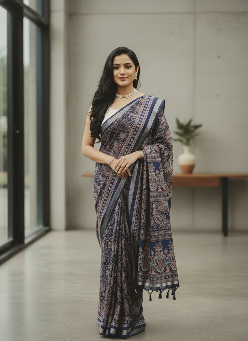 Black Floral Printed Chiffon Saree with Border| AS-00104