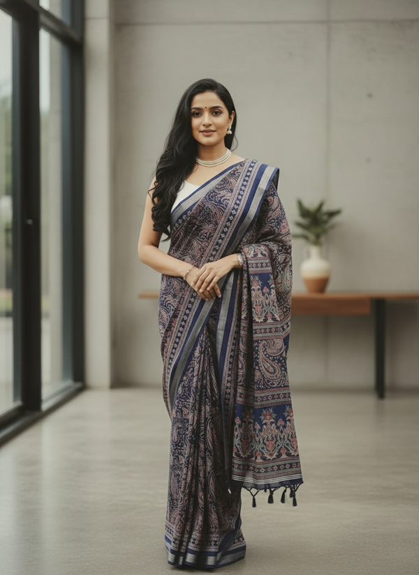 Black Floral Printed Chiffon Saree with Border| AS-00104