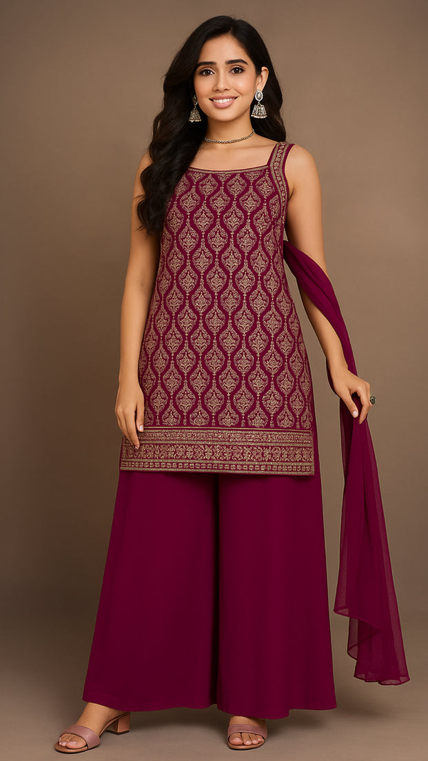 Lina Resham Maroon Palazzo Suit with Intricate Embroidery