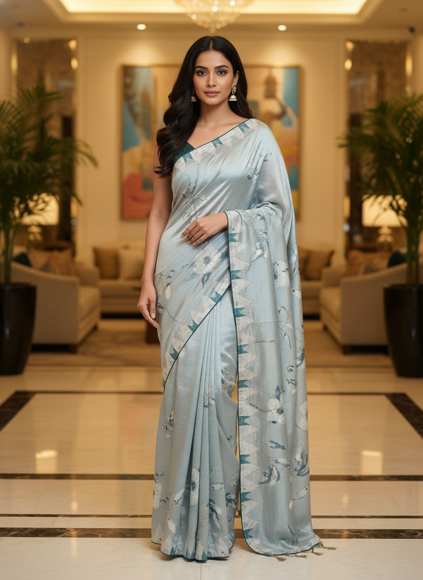 Light Blue Multicolor Saree with Pattern Print | AS-00116