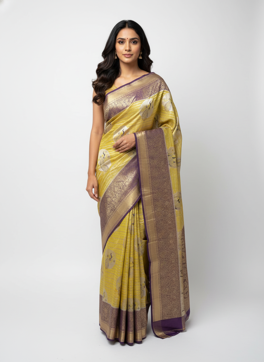 Semi silk Mustard Kanchipuram With Butta Design| AS-00134