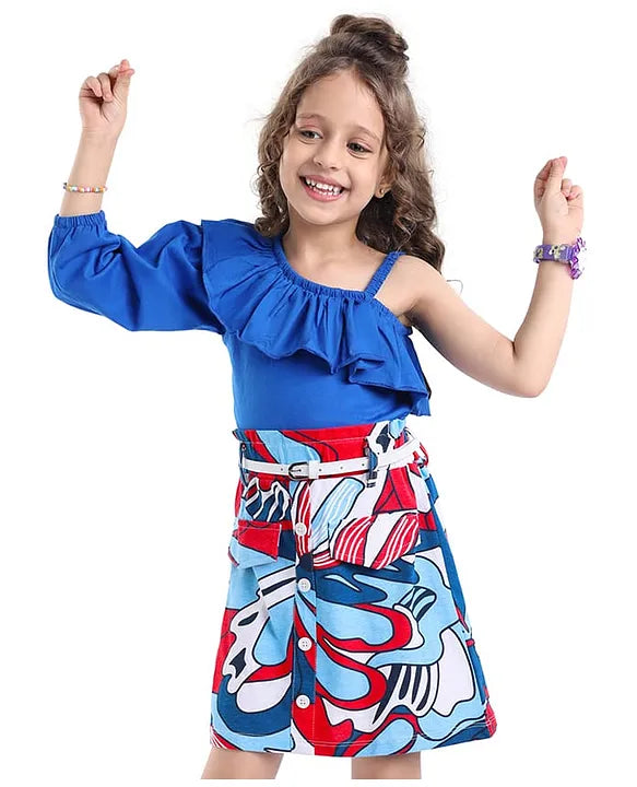 OLLINGTON ST. Cotton Knit One Shoulder Full Sleeves Top with Frill & Printed Skirt - Blue