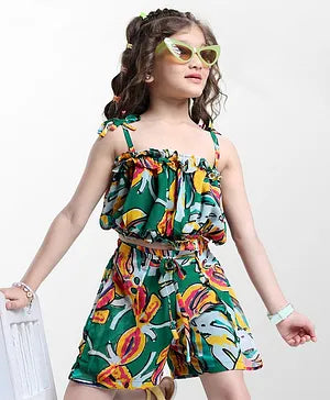 OLLINGTON ST. Woven Georgette Tropical Theme Printed Sleeveless Co-ords Top & Shorts Set - Multicolor