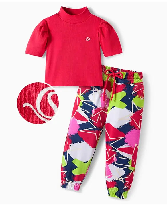 OLLINGTON ST. Cotton Lycra Rib Half Sleeves Top & Printed Bottom - Multicolor