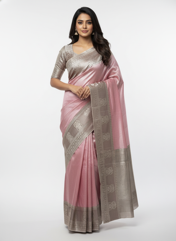 Semi silk Pink  Kanchipuram With Butta Design| AS-00136