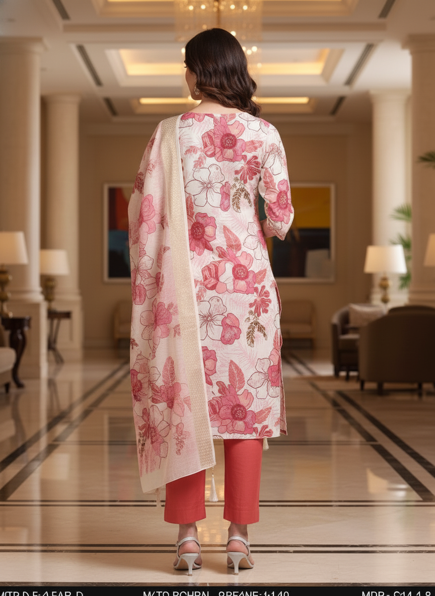 Cream flower Printed Kurti Set For Women| AS-00214