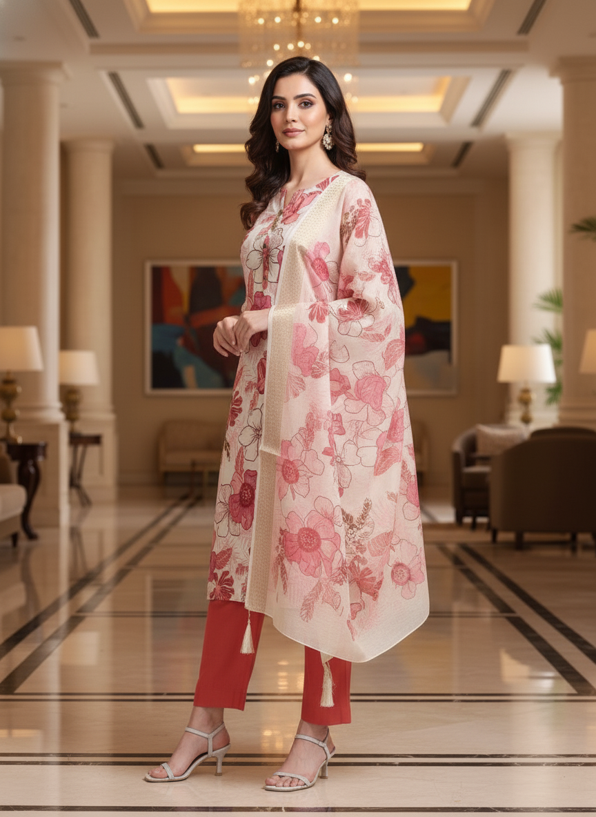 Cream flower Printed Kurti Set For Women| AS-00214