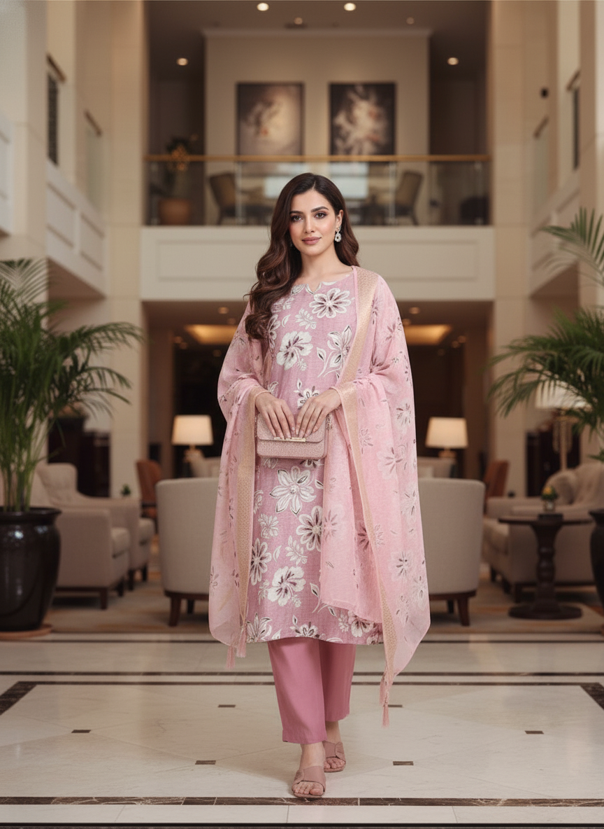 Baby pink Printed Kurti Set For Women| AS-00208