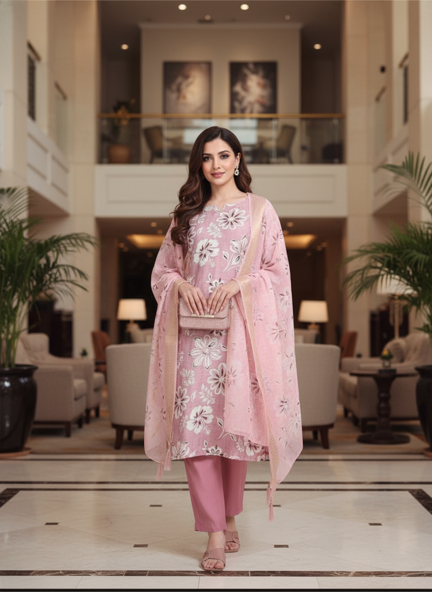 Baby pink Printed Kurti Set For Women| AS-00208