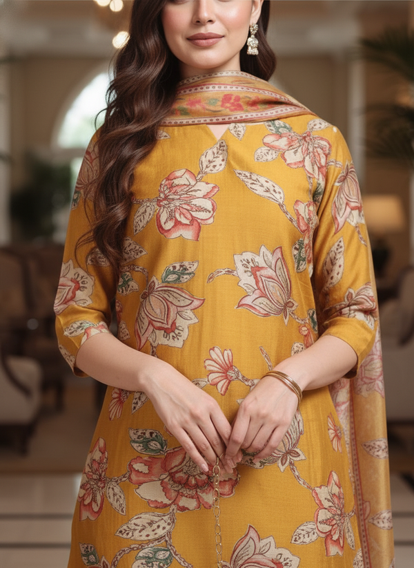 Mustard Printed Kurti Set For Women| AS-00209