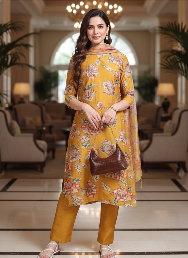 Mustard Printed Kurti Set For Women| AS-00209