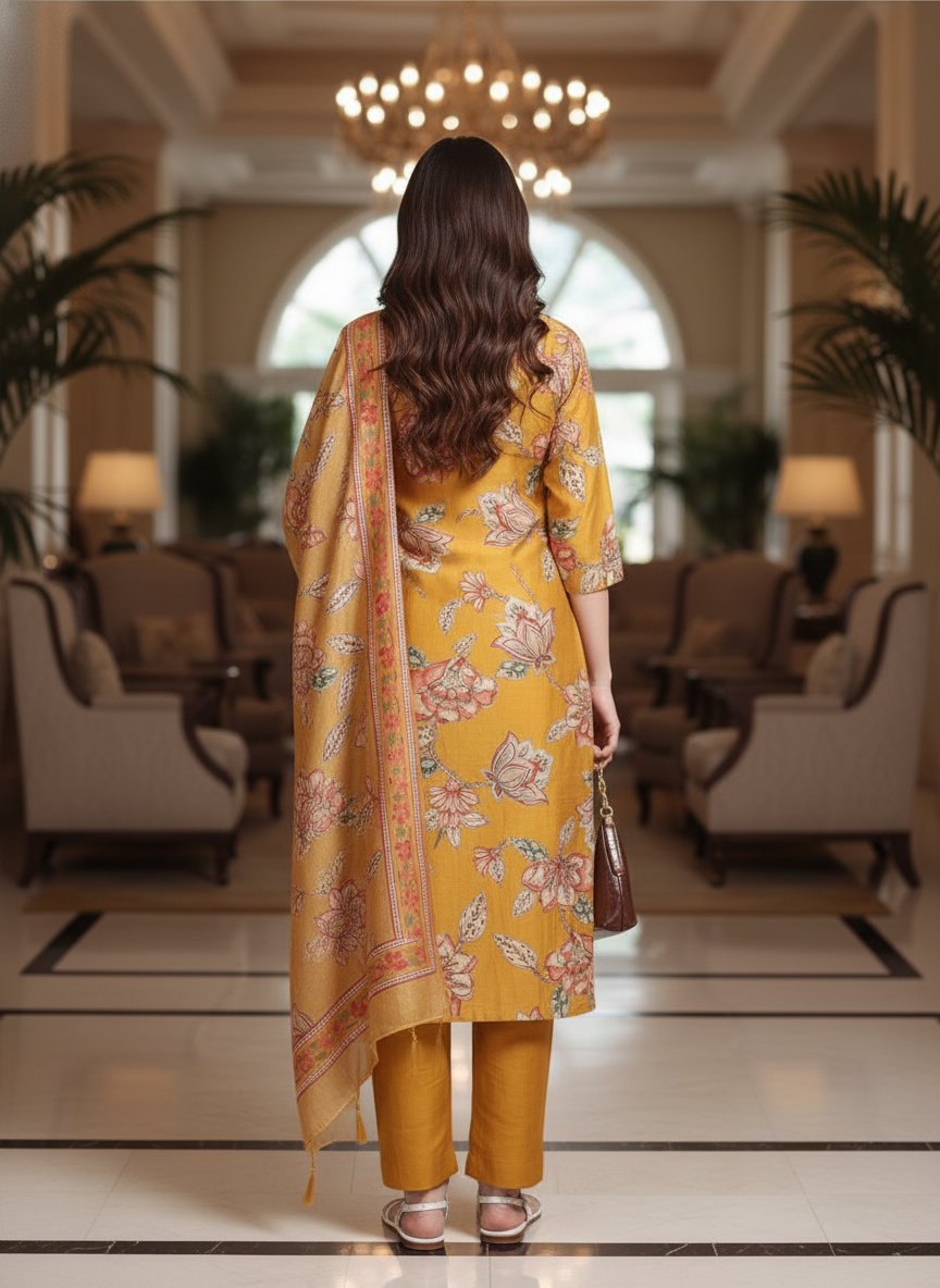 Mustard Printed Kurti Set For Women| AS-00209