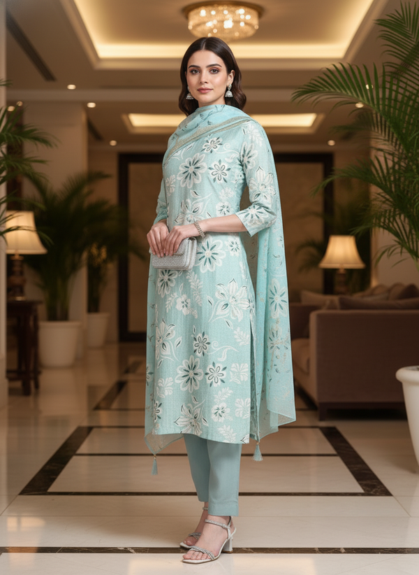 Light blue Printed Kurti Set For Women| AS-00212