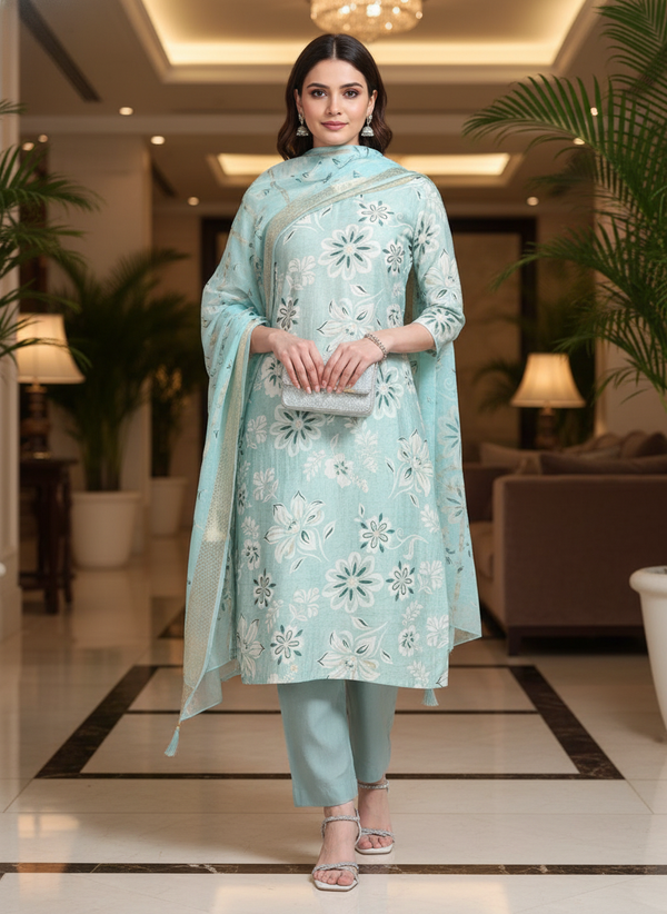 Light blue Printed Kurti Set For Women| AS-00212