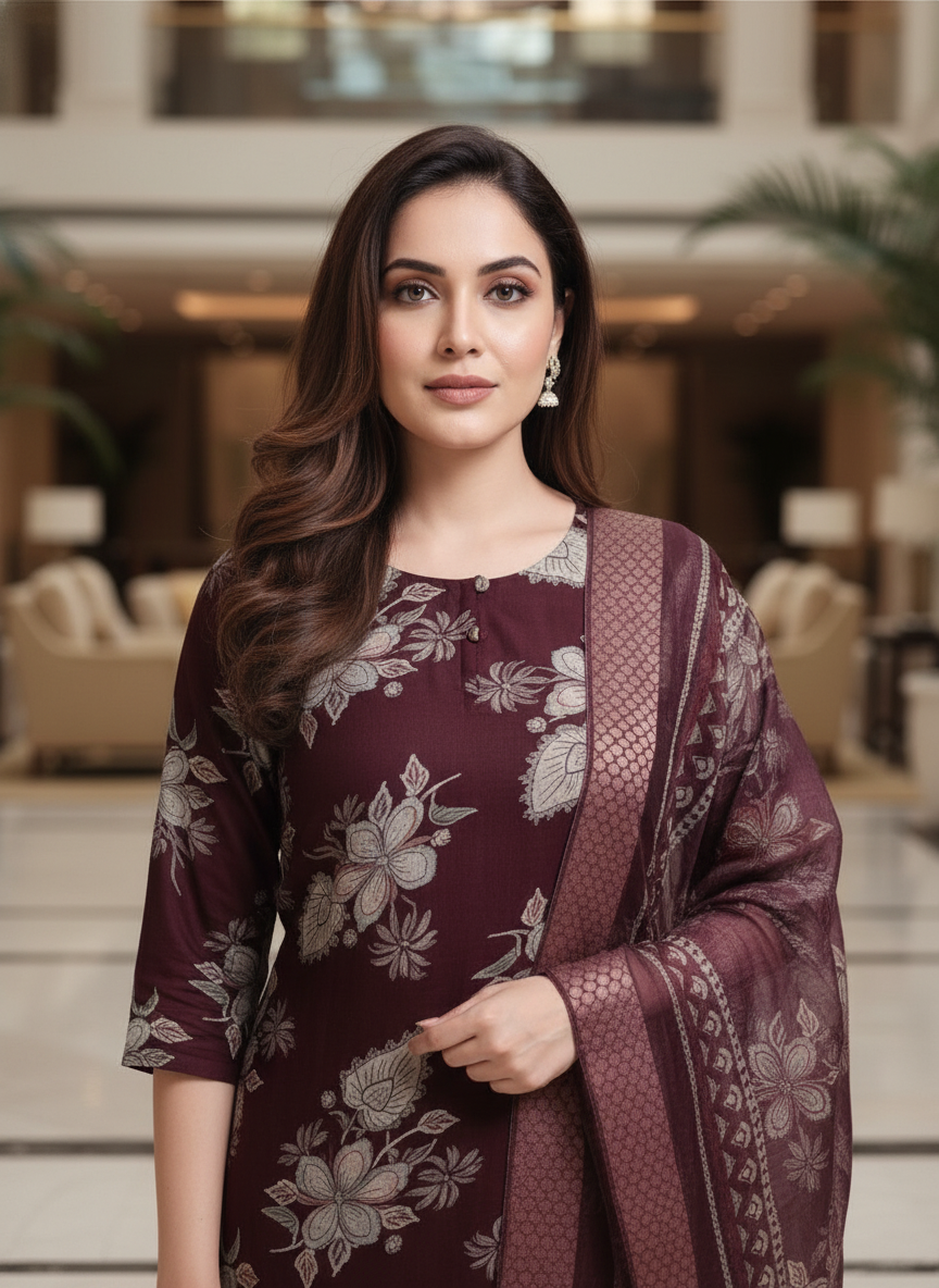 Wine fancy Printed Kurti Set For Women| AS-00213