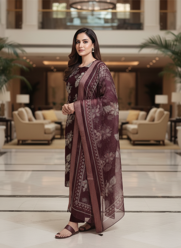 Wine fancy Printed Kurti Set For Women| AS-00213