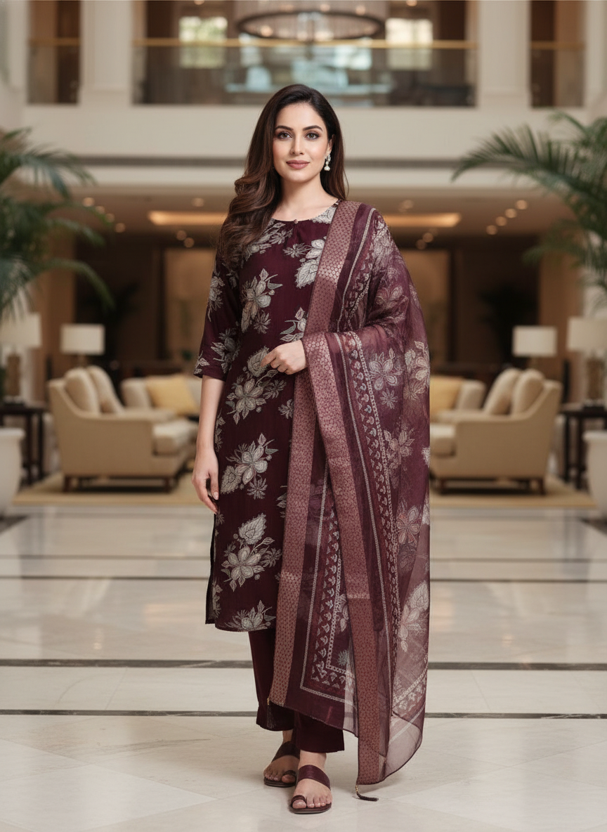 Wine fancy Printed Kurti Set For Women| AS-00213