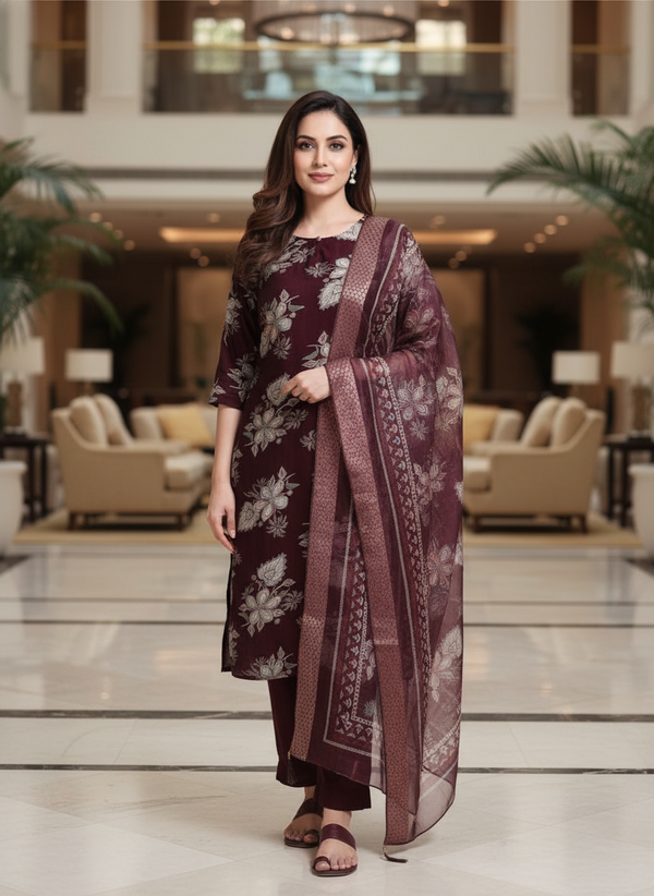 Wine fancy Printed Kurti Set For Women| AS-00213