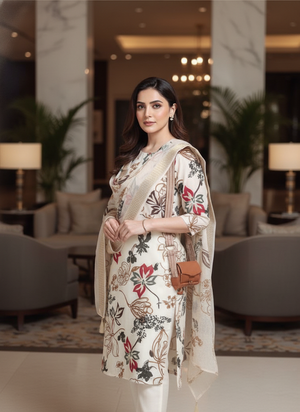 Cream Printed Kurti Set For Women| AS-00207