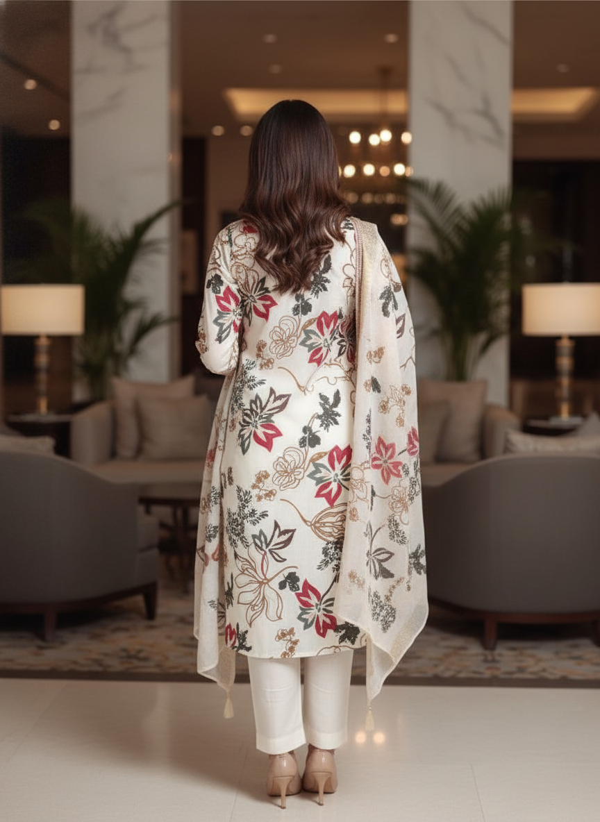 Cream Printed Kurti Set For Women| AS-00207