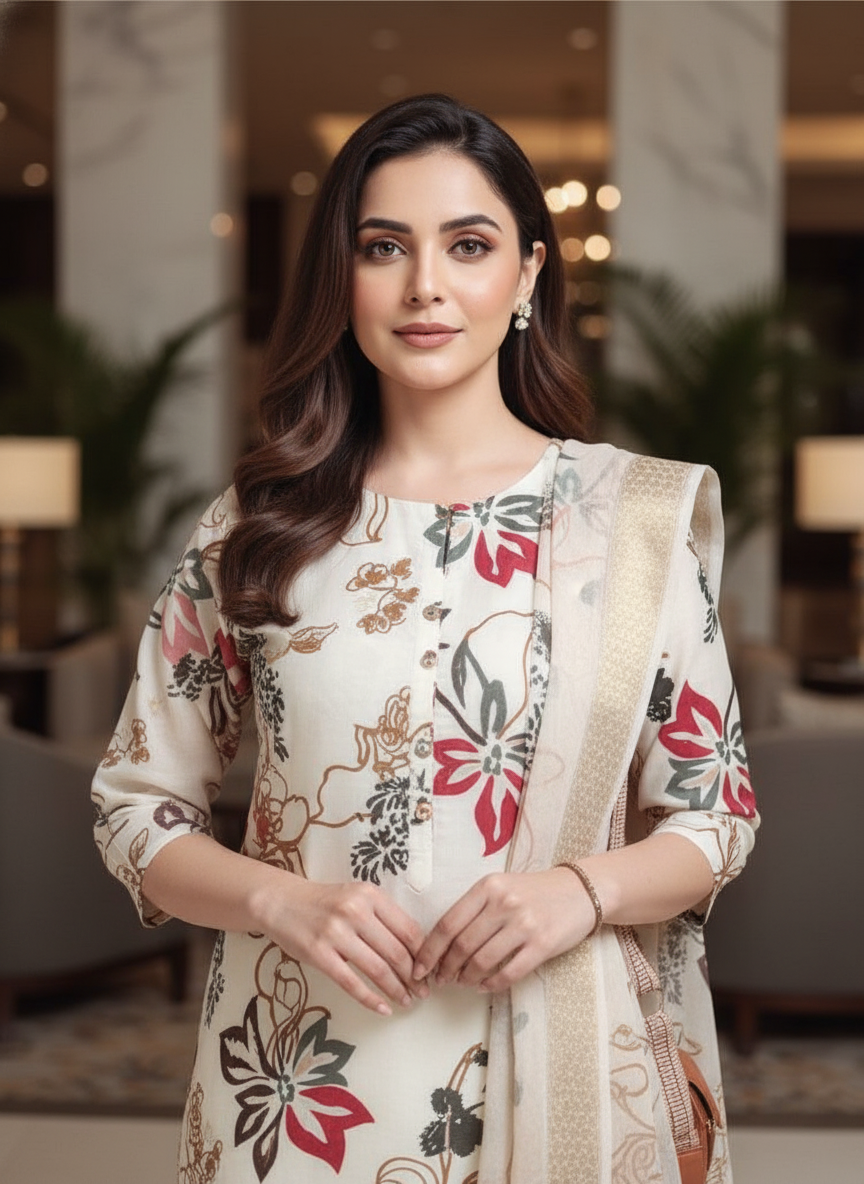 Cream Printed Kurti Set For Women| AS-00207