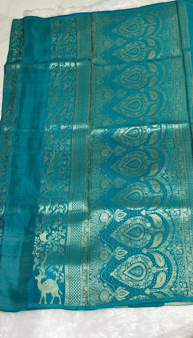 Blue Premium Crepe Silk Saree with Gold Zari Peacock Border|DS2