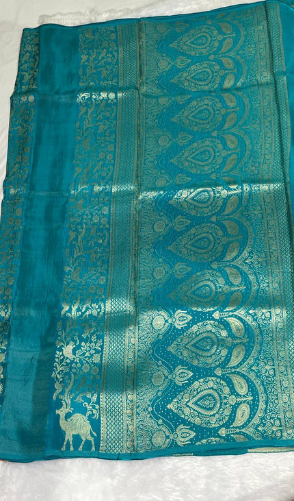 Blue Premium Crepe Silk Saree with Gold Zari Peacock Border|DS2