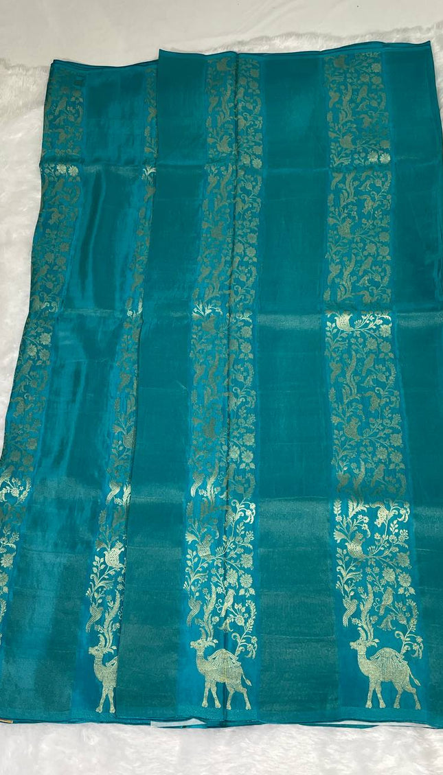 Blue Premium Crepe Silk Saree with Gold Zari Peacock Border|DS2
