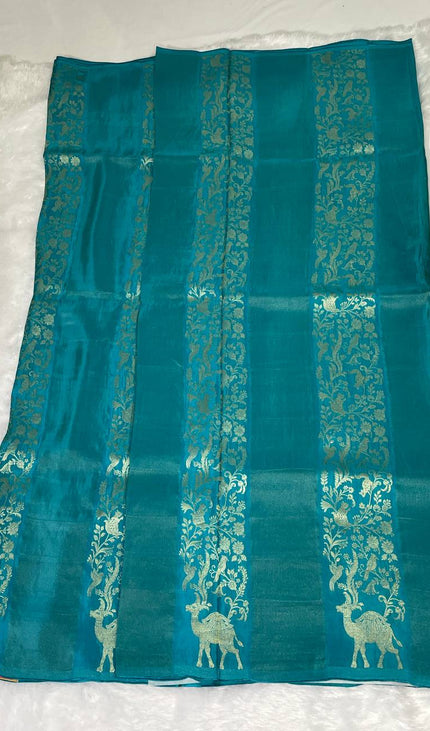 Blue Premium Crepe Silk Saree with Gold Zari Peacock Border|DS2