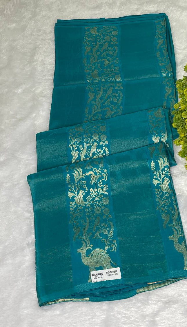 Blue Premium Crepe Silk Saree with Gold Zari Peacock Border|DS2