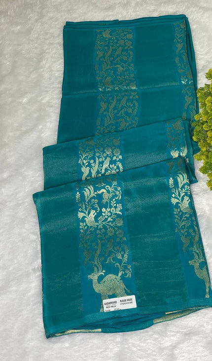 Blue Premium Crepe Silk Saree with Gold Zari Peacock Border|DS2
