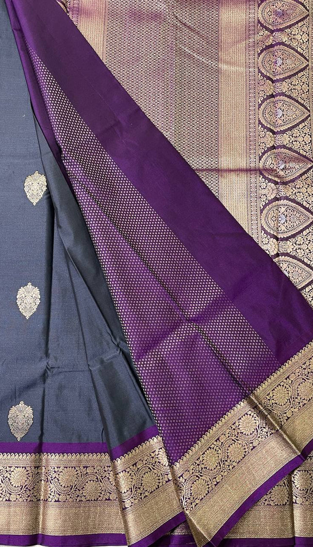 Dark Grey  Semi Kanjivaram Silk Saree with Purple Zari Border|S15_4
