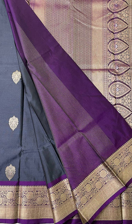 Dark Grey  Semi Kanjivaram Silk Saree with Purple Zari Border|S15_4