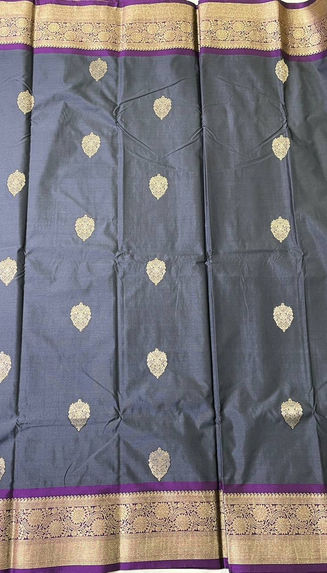 Dark Grey  Semi Kanjivaram Silk Saree with Purple Zari Border|S15_4