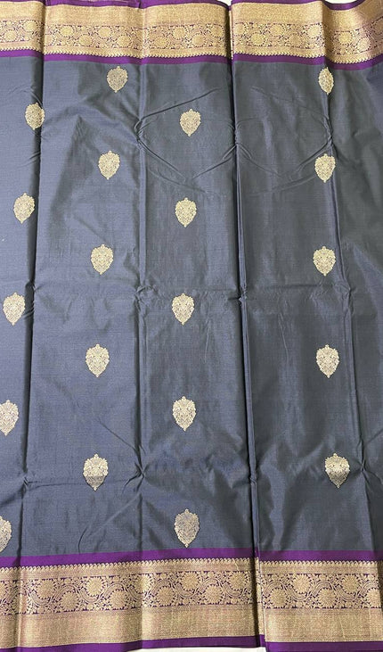 Dark Grey  Semi Kanjivaram Silk Saree with Purple Zari Border|S15_4