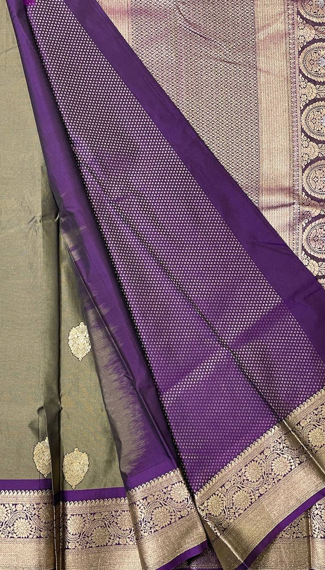 Olive Green Semi Kanjivaram Silk Saree with Purple Zari Border|S15_6