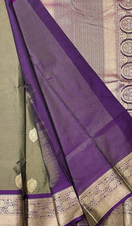 Olive Green Semi Kanjivaram Silk Saree with Purple Zari Border|S15_6