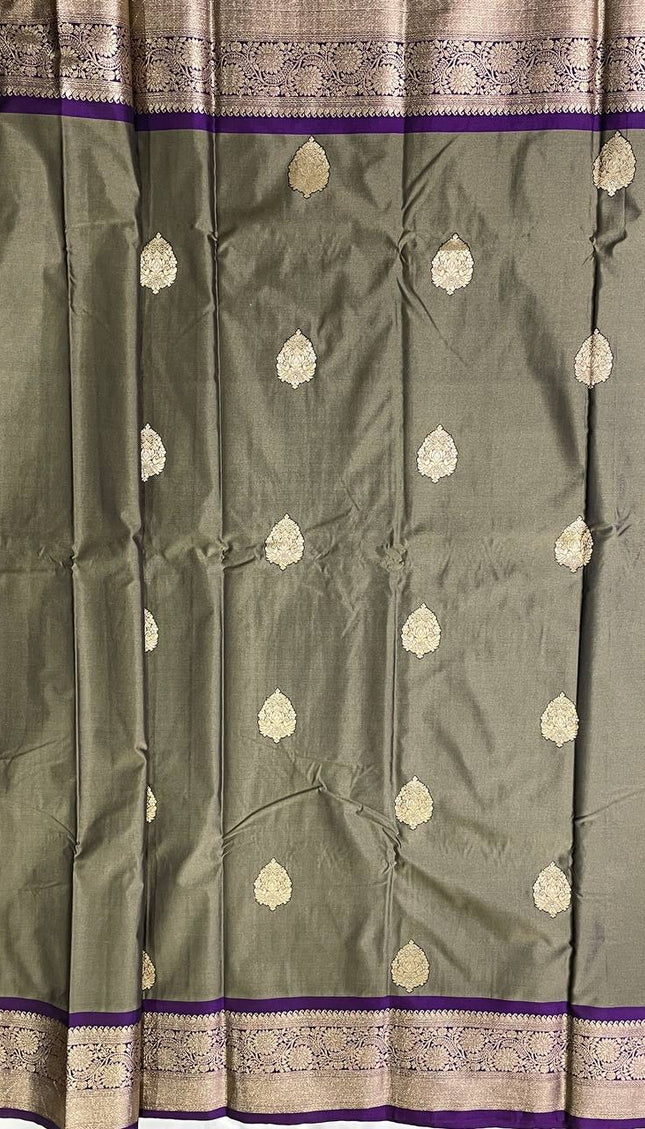 Olive Green Semi Kanjivaram Silk Saree with Purple Zari Border|S15_6