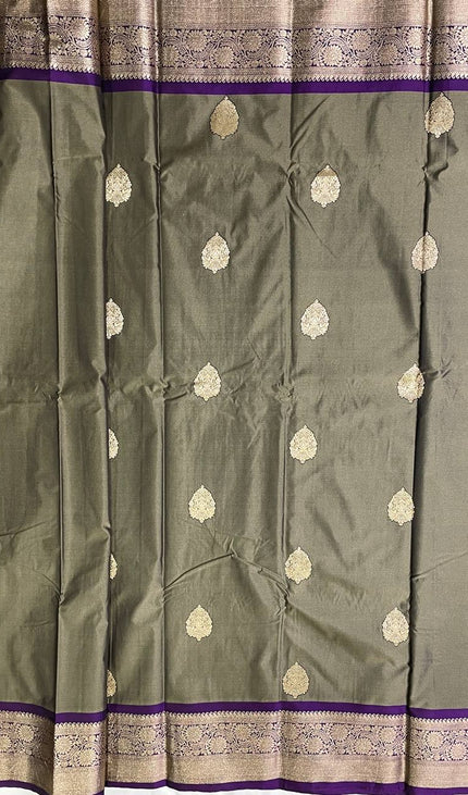 Olive Green Semi Kanjivaram Silk Saree with Purple Zari Border|S15_6
