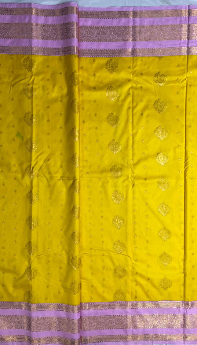 Yellow Premium Soft Bangalore Silk Saree with Pink Zari Border|S16_4