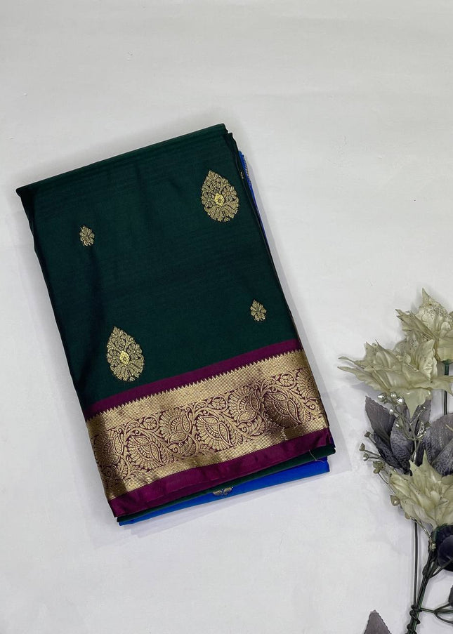 Bottle Green Semi Kanjivaram Silk Saree with Purple Zari Border|S14_2