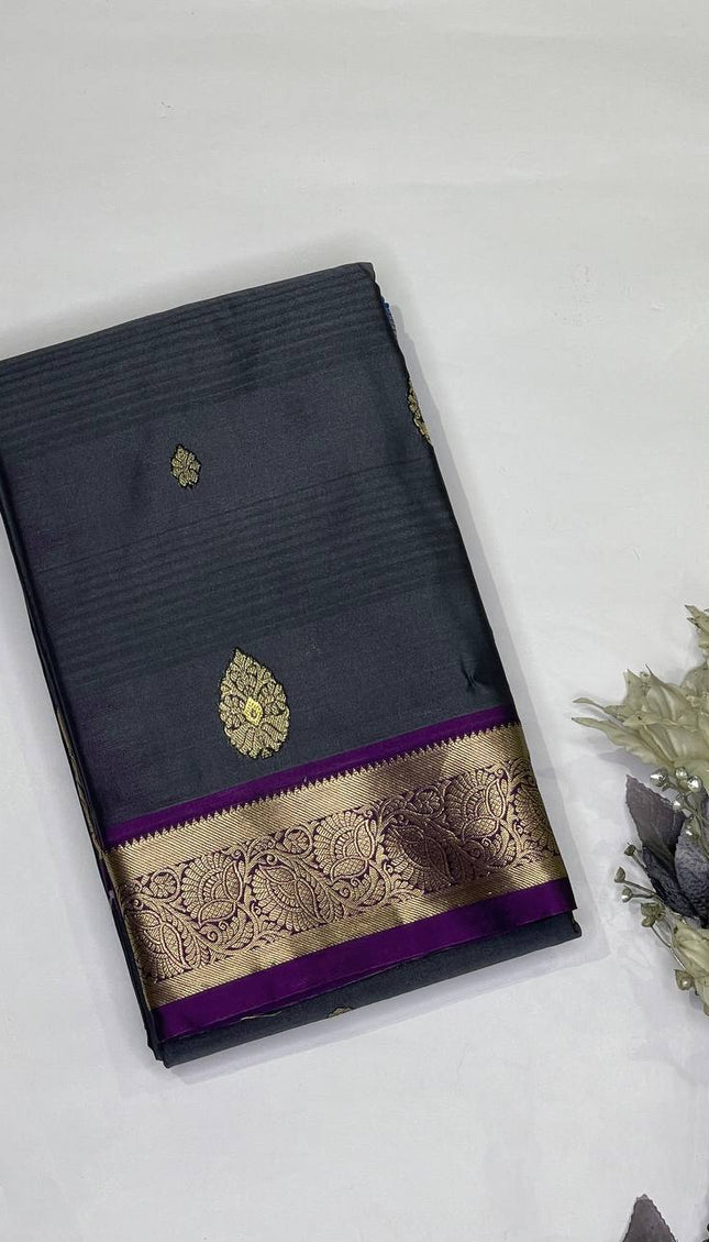 Steel Grey Semi Kanjivaram Silk Saree with Purple Zari Border|S14_5